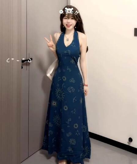 2026 새로운 레트로 프랑스식 휴가 바람 파란색 V넥 행침 목 조끼 원피스 아이들 여름 허리 수축 롱 스커트