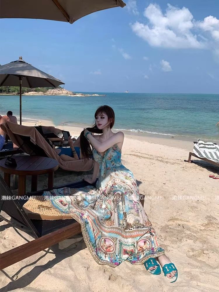 프랑스식 보헤미안 해변가 휴가 슬립 여성 드레스 여름 섹시함 백리스 아름다운 꽃무늬 해변 롱 스커트