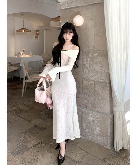 프랑스식 아름다운 고유 한 오프숄더 몸매 가꾸기 타이트 스커트 롱 스커트 작은 대중 자이언트 잘 생긴 ~ 중 긴팔 드레스 2026 가을