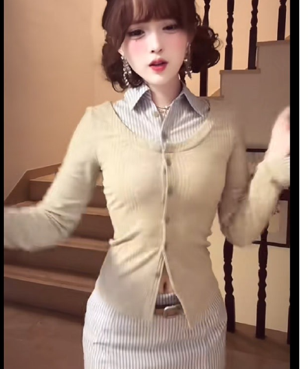 페이크 레이어드 긴팔 셔츠 코디 반신 스커트 아이들 한 부서 전체 집합 2026 새로운 이른 가을 miu 부서 세트