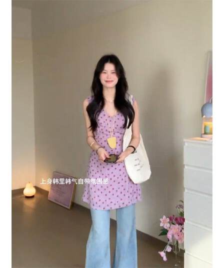 휴가 바람 보라색 V넥 민소매 조끼 여성 드레스 여름 차 휴식 프랑스식 꽃무늬 치마 허리 수축 한 마디 짧은 치마