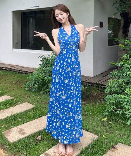프랑스식 파란색 행침 목 슬립 꽃무늬 드레스 아이들 여름 2025 새로운 작은 키 품격 허리 수축 롱 스커트
