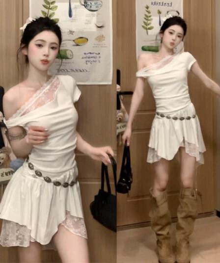 프랑스식 순수한 욕망 바람 비스듬한 어깨 레이스 조각 드레스 아이들 2026 여름 새로운 디자인 센스 불규칙 미니 스커트