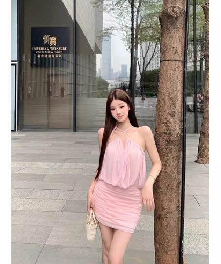 순수한 욕망 핫걸 섹시함 오프숄더 홀로우 아웃 Chic 망사 슬립 드레스 ins 여름 새로운 주름 타이트 스커트 미니 스커트 여성