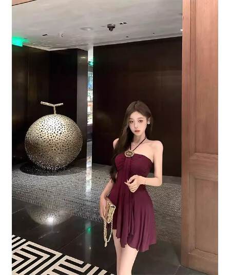 프랑스식 품격 보라색 행침 목 드레스 여성 의류 여름 작은 키 레트로 허리 수축 몸매 가꾸기 A라인 스커트 짧은 치마