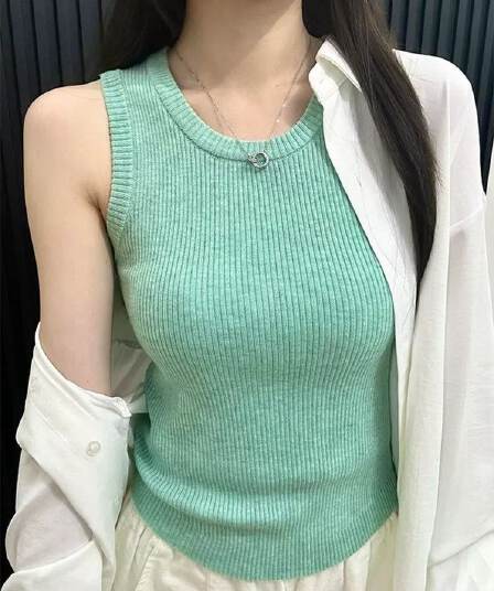 박하 녹색 아름다운 u 칼라 니트 슬립 여성 봄 여름 표지 대리인 우유 외출용 민소매 인사이드 가져 가라. 조끼 슬림해 보이는 맨위