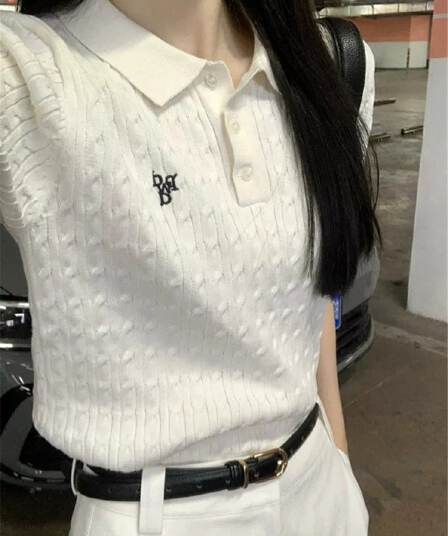 긍정적 인 어깨 반팔 티셔츠 여성 2026 새로운 여름 폴로 칼라 POLO 셔츠 다용도 고유 한 Chic 자수 니트 맨위