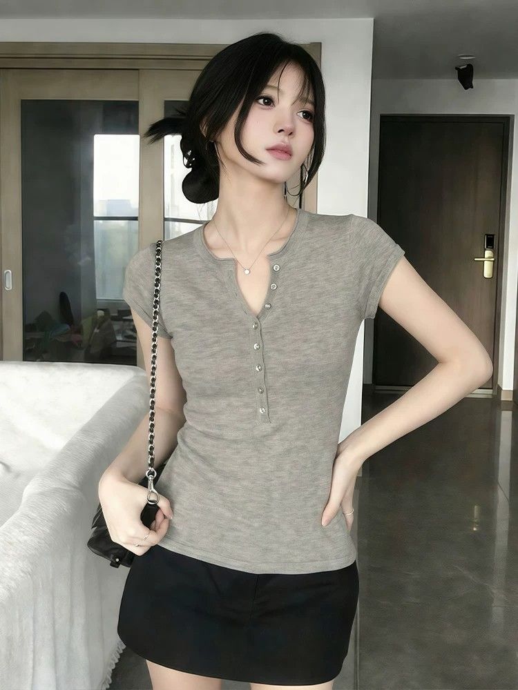 패키지 코어 실 아메리칸 핫걸 반 개방 칼라 마이크로 ~을 통해 긍정적 인 어깨 반팔 티셔츠 여성 고급 센스 몸매 가꾸기 헨리 칼라 맨위