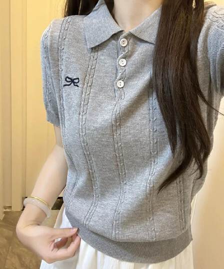 패키지 코어 실 한국 스타일 POLO 칼라 나비 매듭 자수 니트 반팔 티셔츠 여성 여름 표지 배 슬림해 보이는 맨위