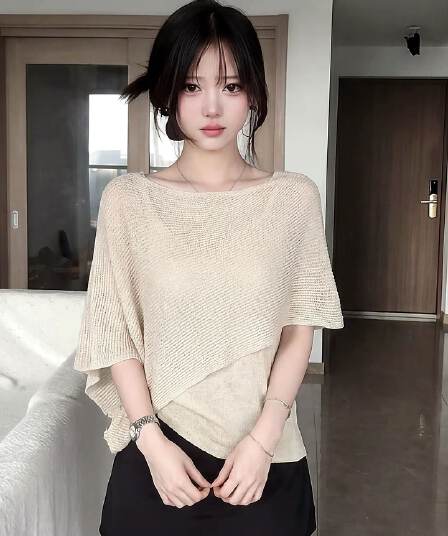한 부서 불규칙 홀로우 아웃 페이크 레이어드 반팔 얼음 실크 니트 스웨터 여성 여름 얇은 스타일 루즈핏 망토 숄 맨위
