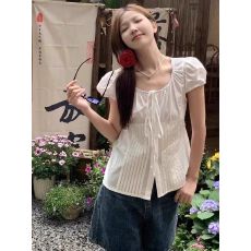 批发夏季韩系甜美法式修身<b class='q'>百搭</b>泡泡袖<b class='q'>衬衫</b>短袖上衣女