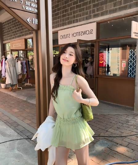 순수한 욕망 바람 품격 부드러운 3 차원 펌프 Pleat 프릴 슬립 여성 드레스 여름 새로운 몸매 가꾸기 도루 센스 미니 스커트
