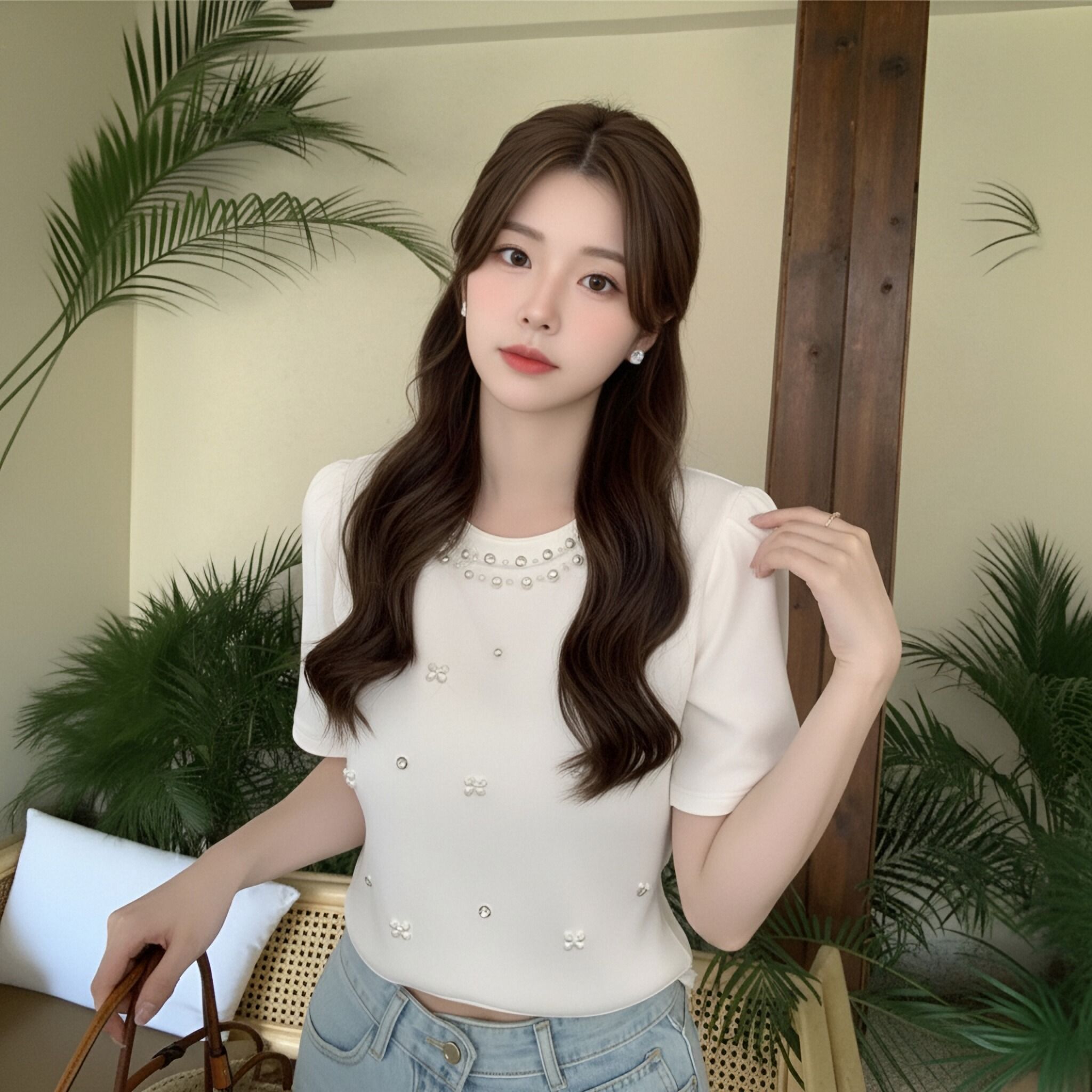 반팔 티셔츠 여성 여름 새로운 만나는 티셔츠 패션 비즈 박기 슬림해 보이는 거품 소매 무거운 작업 빅 사이즈 맨위 티셔츠 여성