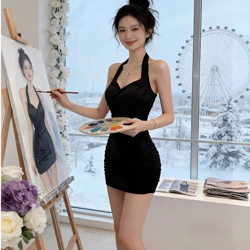 여름 섹시함 몸매 가꾸기 섹시함 짧은 치마 party 빛 행사 치마 오프숄더 달콤한 매운맛 행침 목 타이트 스커트 슬립 드레스