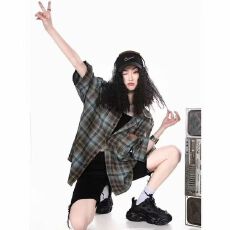 批发2026美式复古慵懒风格纹短袖衬衫女夏新款百搭休闲衬衣外套潮