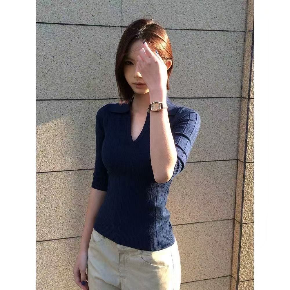 여름 착용 가져 가라. 품격 V넥 코치 센스 POLO 칼라 니트 스웨터 여성 중간 소매 몸매 가꾸기 슬림해 보이는