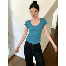 批发正肩短袖针织衫女2026新款蓝色U领体恤修身半袖百搭短款显瘦上衣