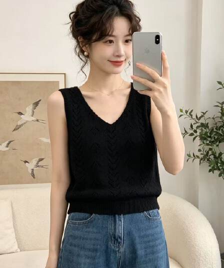 프랑스식 디자인 센스 홀로우 아웃 니트 베스트 조끼 여성 여름 새로운 루즈핏 스택 착용 민소매 어깨 오픈 가디건 맨위