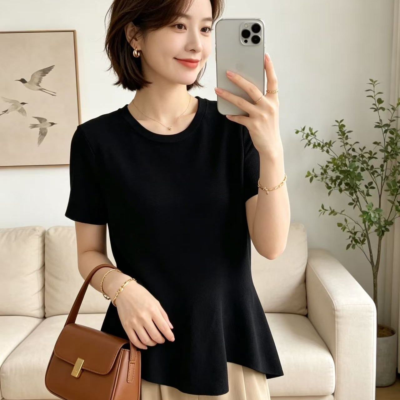 2026 년 여름 새로운 디자인 센스 달콤함 패션 절묘한 라운드 넥 밑단 프릴 다용도 풀오버 반팔