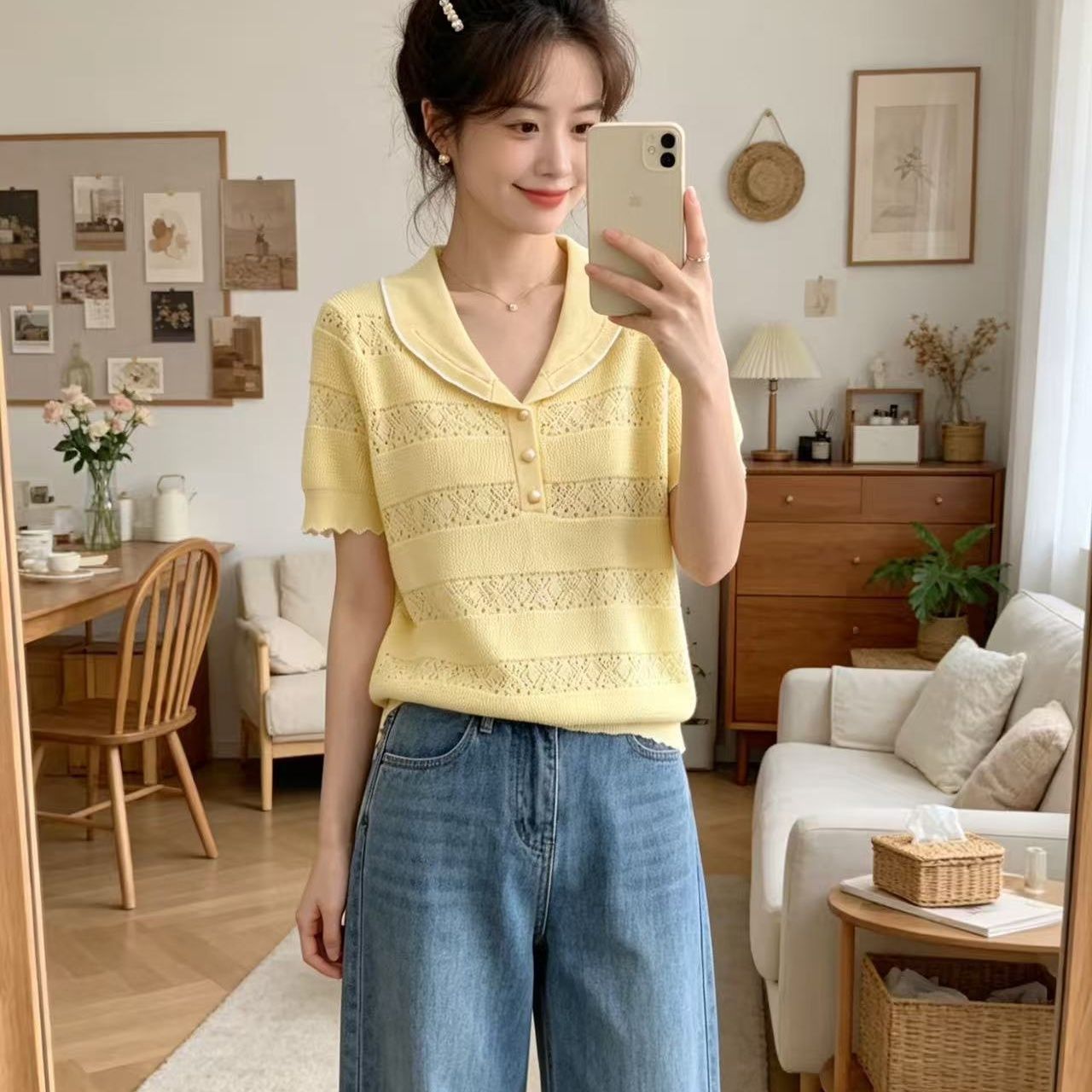달콤함 연령 감소 베이비 칼라 홀로우 아웃 링 그리드 자카드 물결무늬 레이스 풀오버 반팔