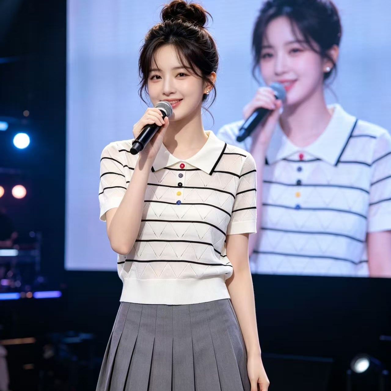 여름 디자인 센스 패션 POLO 칼라 색상 단추 물결무늬 홀로우 아웃 니트 스트라이프 풀오버 반팔