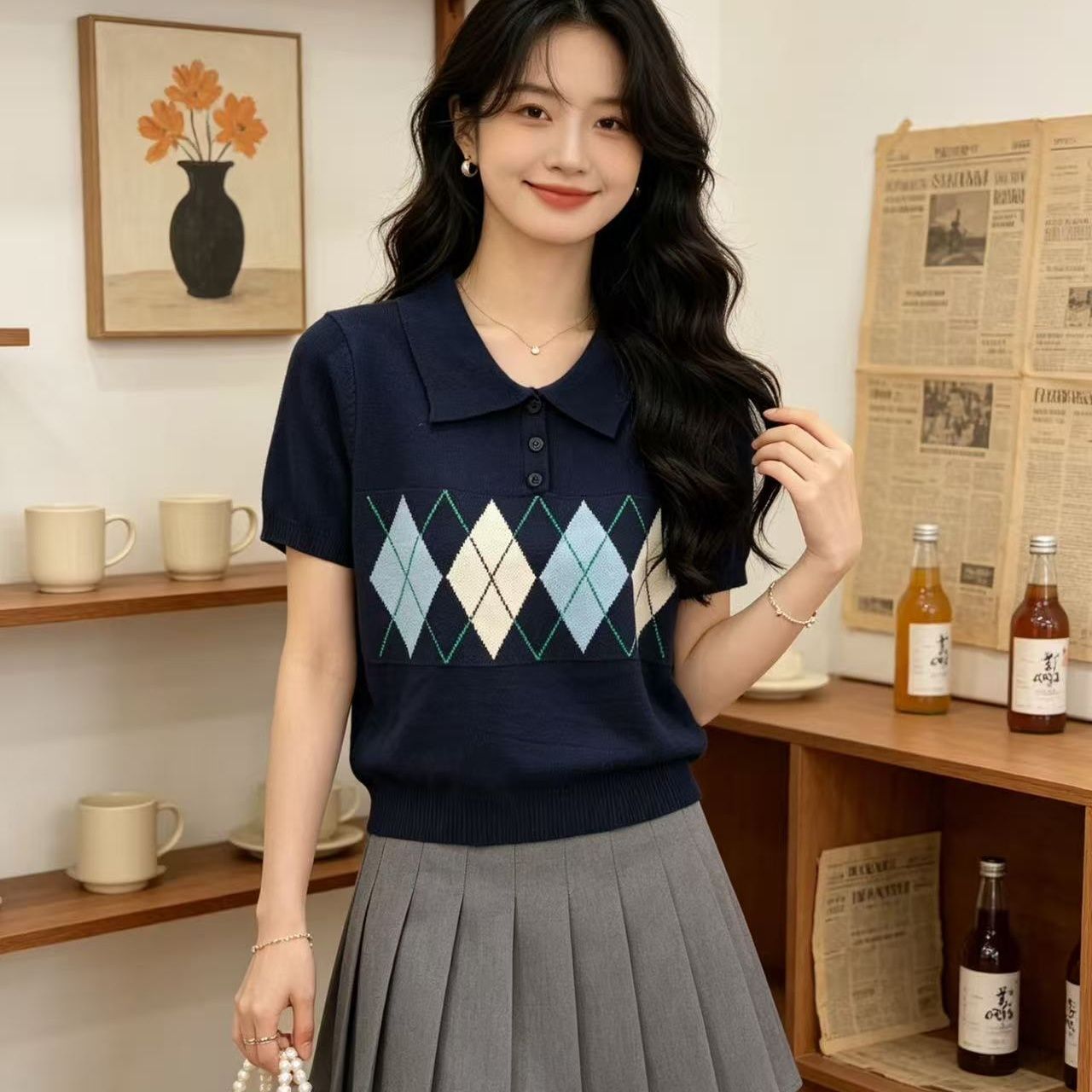 2026 년 여름 새로운 디자인 센스 프랑스식 학원 스타일 POLO 칼라 링 그리드 자카드 풀오버 반팔