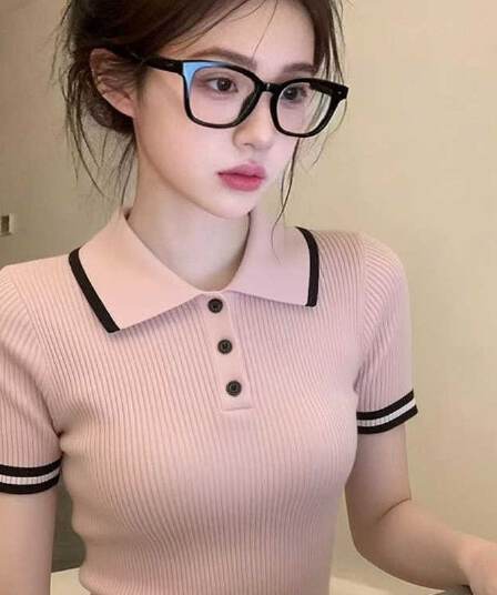 부드러운 바람 POLO 칼라 반팔 니트 스웨터 여성 여름 한 부서 ins 작은 키 슈퍼 잘 생긴 몸매 가꾸기 맨위