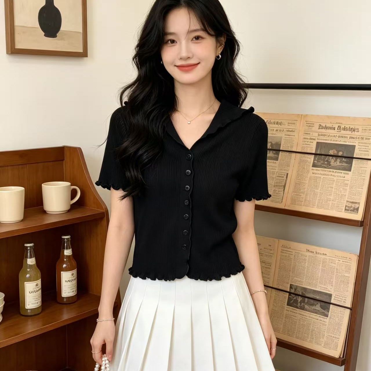 2026 년 여름 새로운 디자인 센스 한 부서 뒤집다 V넥 프릴 디자인 센스 반팔 오픈 가디건