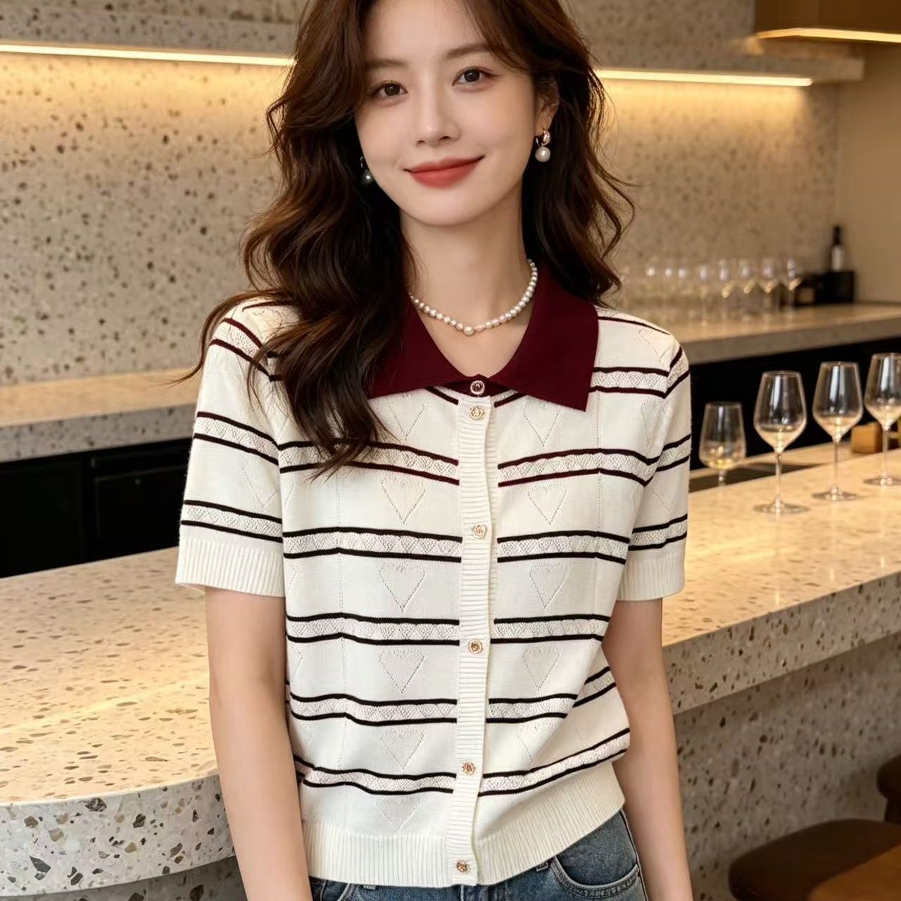 스트라이프 반팔 얼음 실크 니트 오픈 가디건 티셔츠 여성 여름 2026 빅 사이즈 지방 mm 쇼트 스타일 POLO 칼라 만나는 맨위