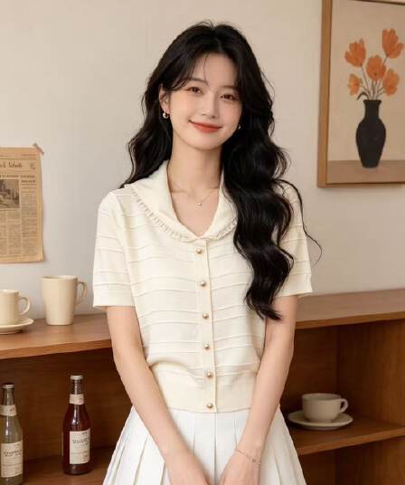 라운드 넥 반팔 니트 스웨터 여성 2026 여름 새로운 한 부서 작은 셔츠 레이스 레이스 작은 키 쇼트 스타일 맨위 여성