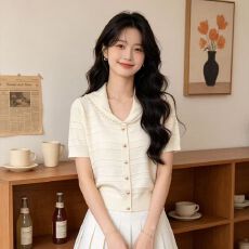 批发圆领短袖针织衫女2026夏季新款韩系<b class='q'>小衫</b>蕾丝花边小个子短款上衣女