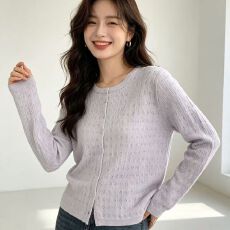 批发法式甜美风蕾丝拼接镂空针织开衫女春夏季圆领长袖防晒<b class='q'>罩衫</b>优雅风