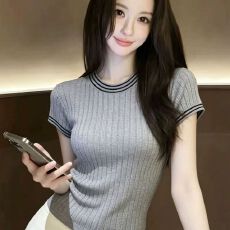 法式坑条薄款针织短袖T恤女夏季吸汗透气慵懒风凉感冰丝气质上衣