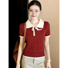 批发韩系穿搭撞色娃娃领针织<b class='q'>短袖</b><b class='q'>女</b>2026新款夏季镂空设计感针织衫上衣