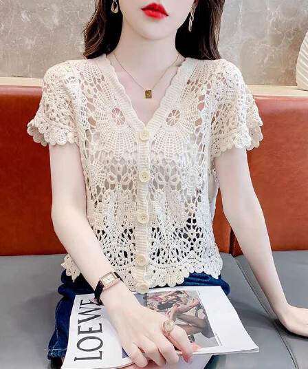 얼음 실크 반팔 티셔츠 여성 여름 얇은 스타일 2026 새로운 루즈핏 슬림해 보이는 V넥 홀로우 아웃 니트 스웨터 반소매 맨위