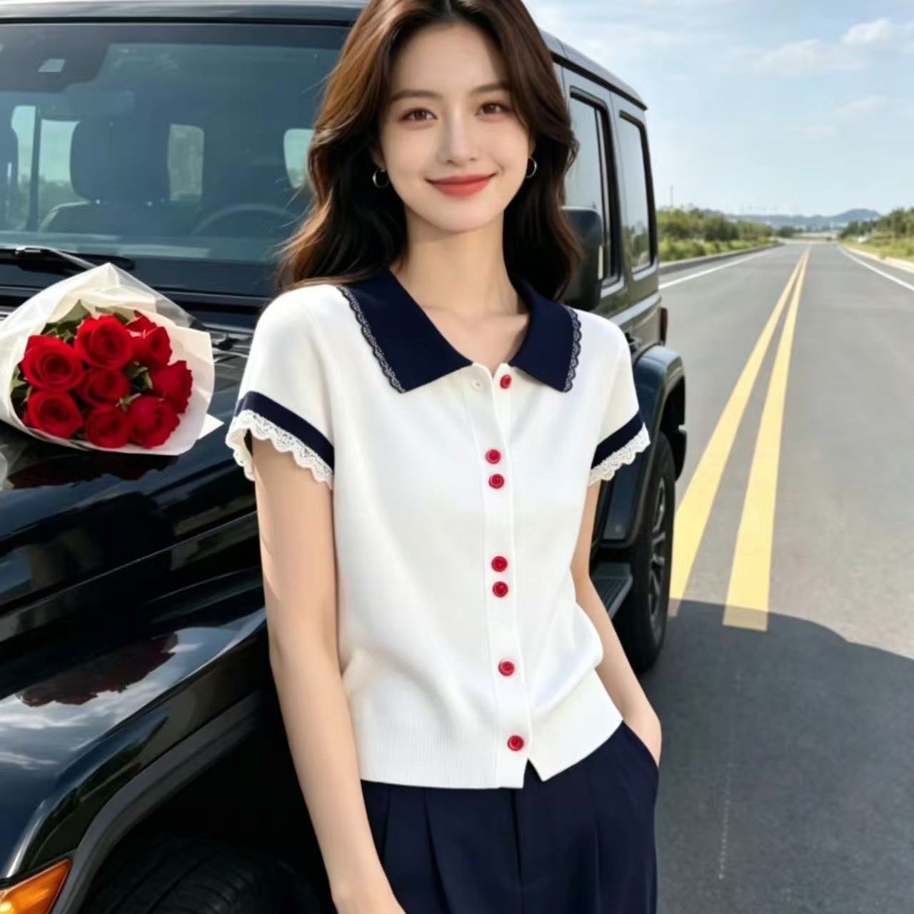 달콤한 스타일 레이스 조각 폴로 칼라 반팔 니트 오픈 가디건 여름 몸매 가꾸기 슬림해 보이는 패션 작은 대중 다용도 맨위