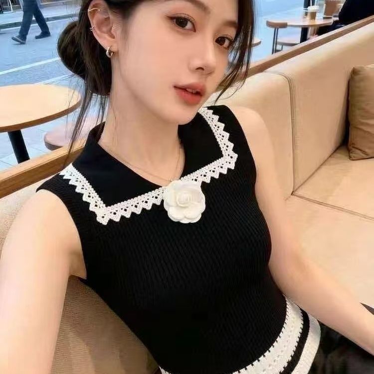 작은 샤넬 스타일 레이스 배색 민소매 니트 조끼 여성 여름 새로운 품격 슬림해 보이는 맨위