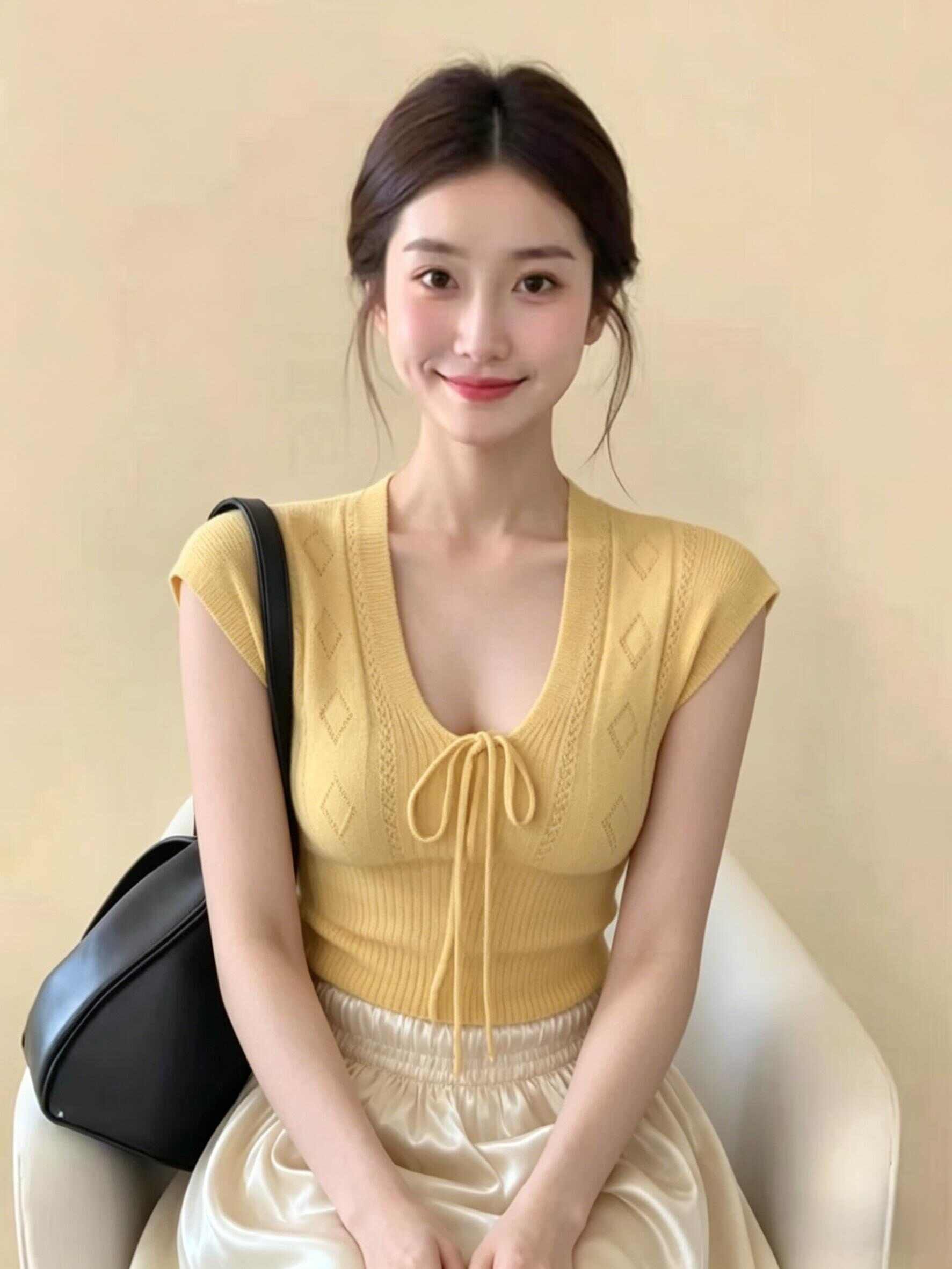 프랑스식 부드러운 u 칼라 연령 감소 레이스업 반팔 니트 스웨터 여성 여름 새로운 허리 수축 몸매 가꾸기 순수한 욕망 착용 잡아라. 의류