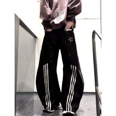 批发【水洗泼墨解构拼接弯刀】条纹拼接牛仔裤男女情侣宽松阔腿裤
