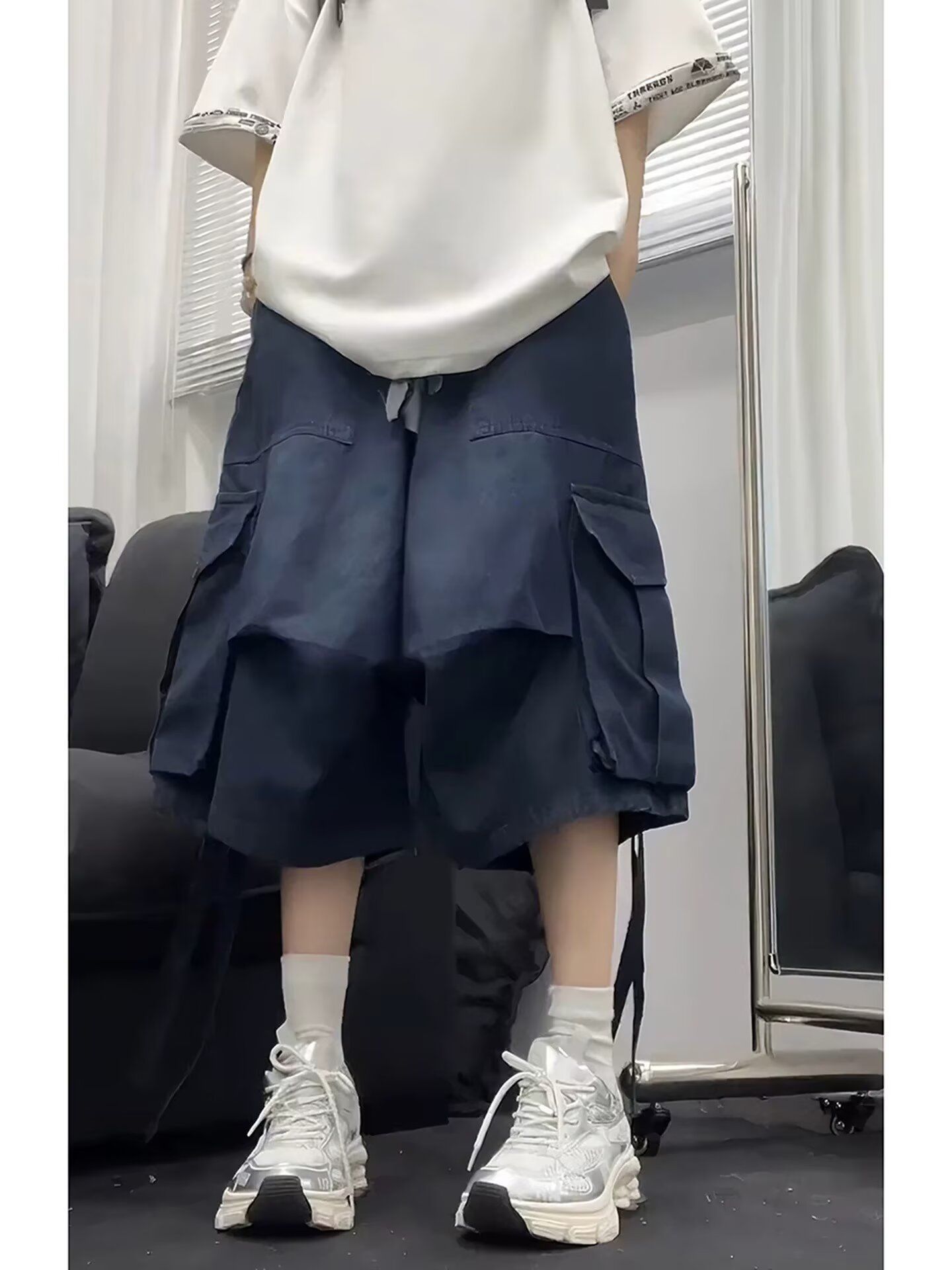 아메리칸 높음 거리 레트로 워싱 빅 포켓 넓은 다리 데님 반바지 여름 조수 브랜드 다용도 루즈핏 짧은 바지