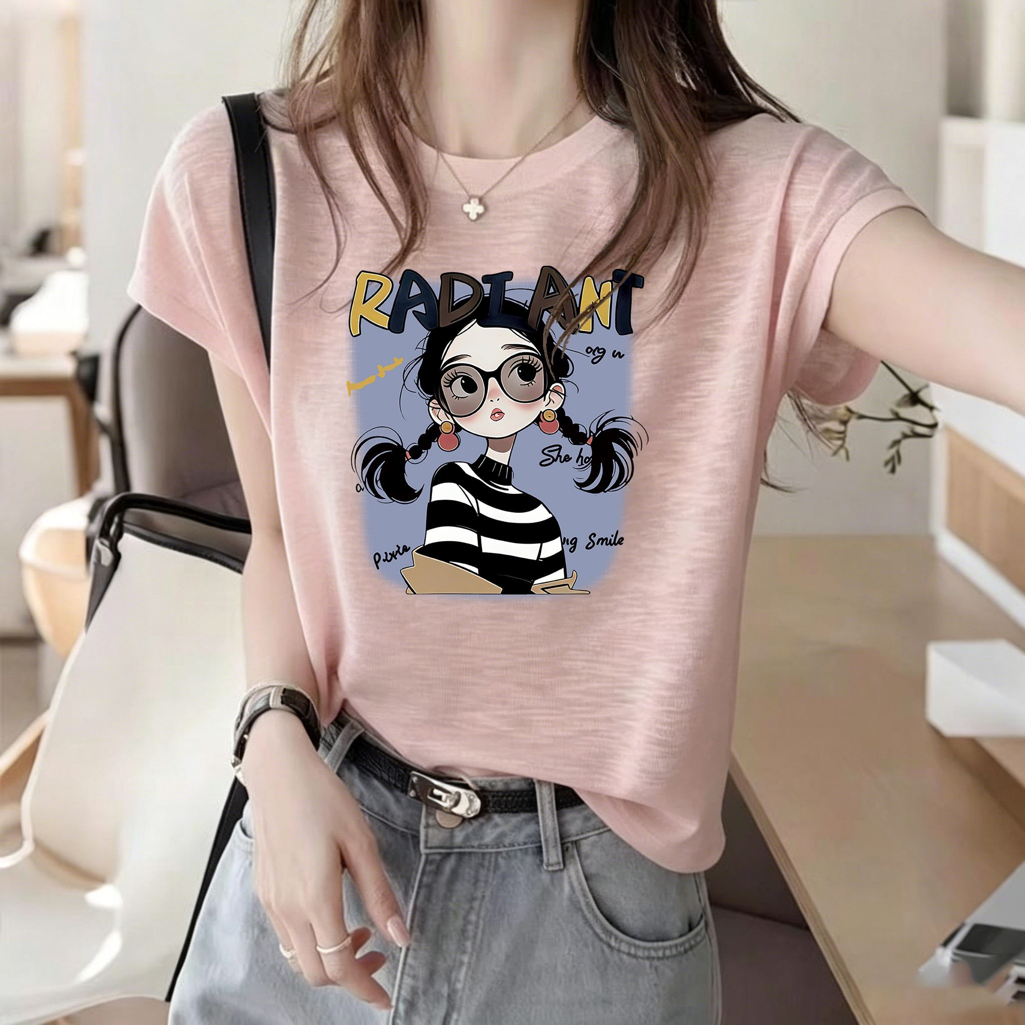 대나무 마디 면 세련된 프린트 티셔츠 2026 여름 새로운 폭발 차가운 센스 슬림해 보이는 다용도 외국 가스 맨위