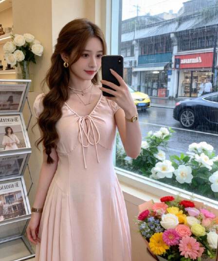 원본 면 주름 원단 네리 지퍼 하나 프랑스식 달콤한 스타일 V넥 반팔 여름 새로운 디자인 센스 롱 스커트
