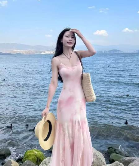 시간 아직도 느낌 렌더링 꽃무늬 여성 드레스 여름 슈퍼 요정 핑크색 거즈 스커트 섹시함 타이트 스커트 허리 수축 몸매 가꾸기 인어 꼬리 스커트