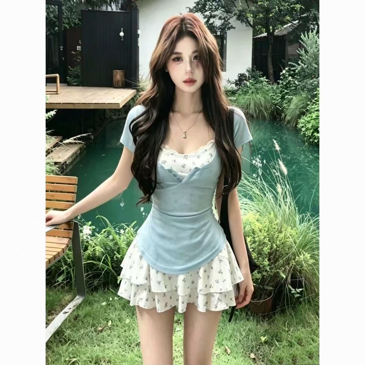 원본 품질 있음 가슴 패드 달콤함 파란색 맨위 반팔 꽃무늬 슬립 드레스 소녀 여름 투피스 세트 수 있습니다. 도매
