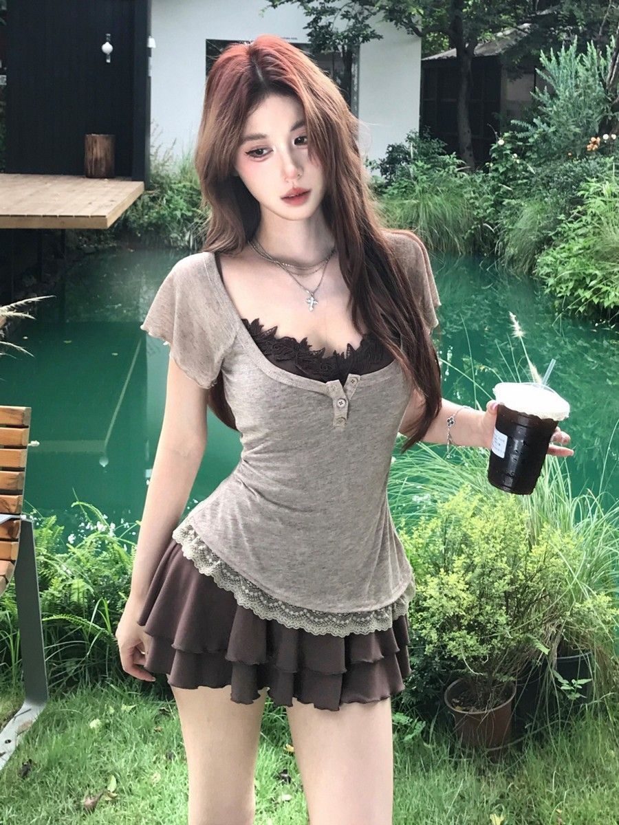 2026 한 부서 여름 비틀림 주름 레트로 맨위 조끼 패치워크 세트 민소매 반신 스커트 큰 진자