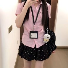 批发甜美温柔通勒粉色衬衫女学生显瘦上衣设计感波点ins半身裙一整套