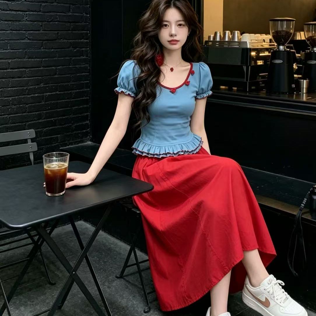 3 차원 장미 버블 반팔 맨위 반신 치마 세트 여름 새로운 디자인 센스 작은 대중 두 조각 여성 세트