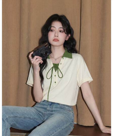 눈꽃 구슬 그라운드 210 그램 반팔 티셔츠 여성 의류 여름 새로운 루즈핏 레이스업 배색 POLO 칼라 맨위