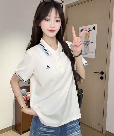 한국 눈꽃 구슬 그라운드 210 그램 반팔 티셔츠 여성 의류 여름 새로운 자수 스트라이프 POLO 칼라 맨위