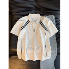 批发曼巴棉220克短袖t恤男女情侣装夏<b class='q'>新款</b>宽松条纹POLO领上衣